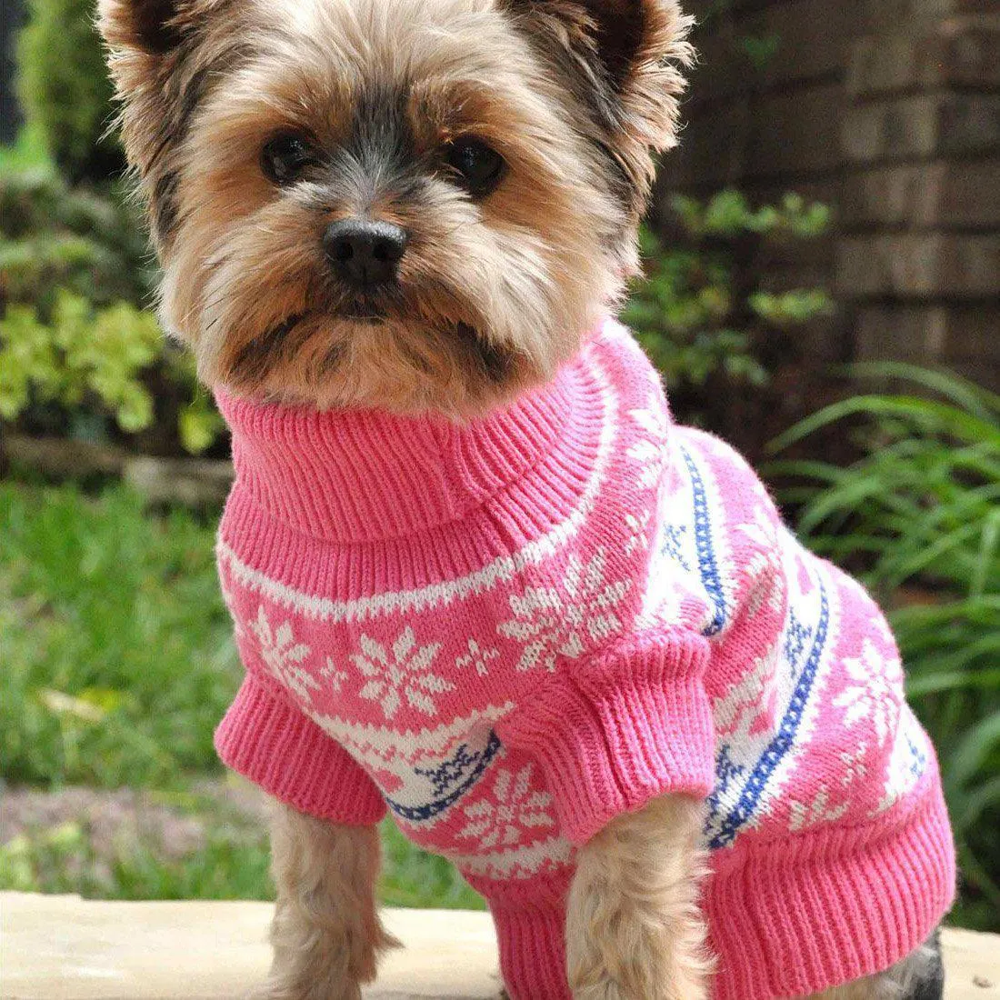 Combed Cotton Snowflake And Hearts Dog Sweater Pink