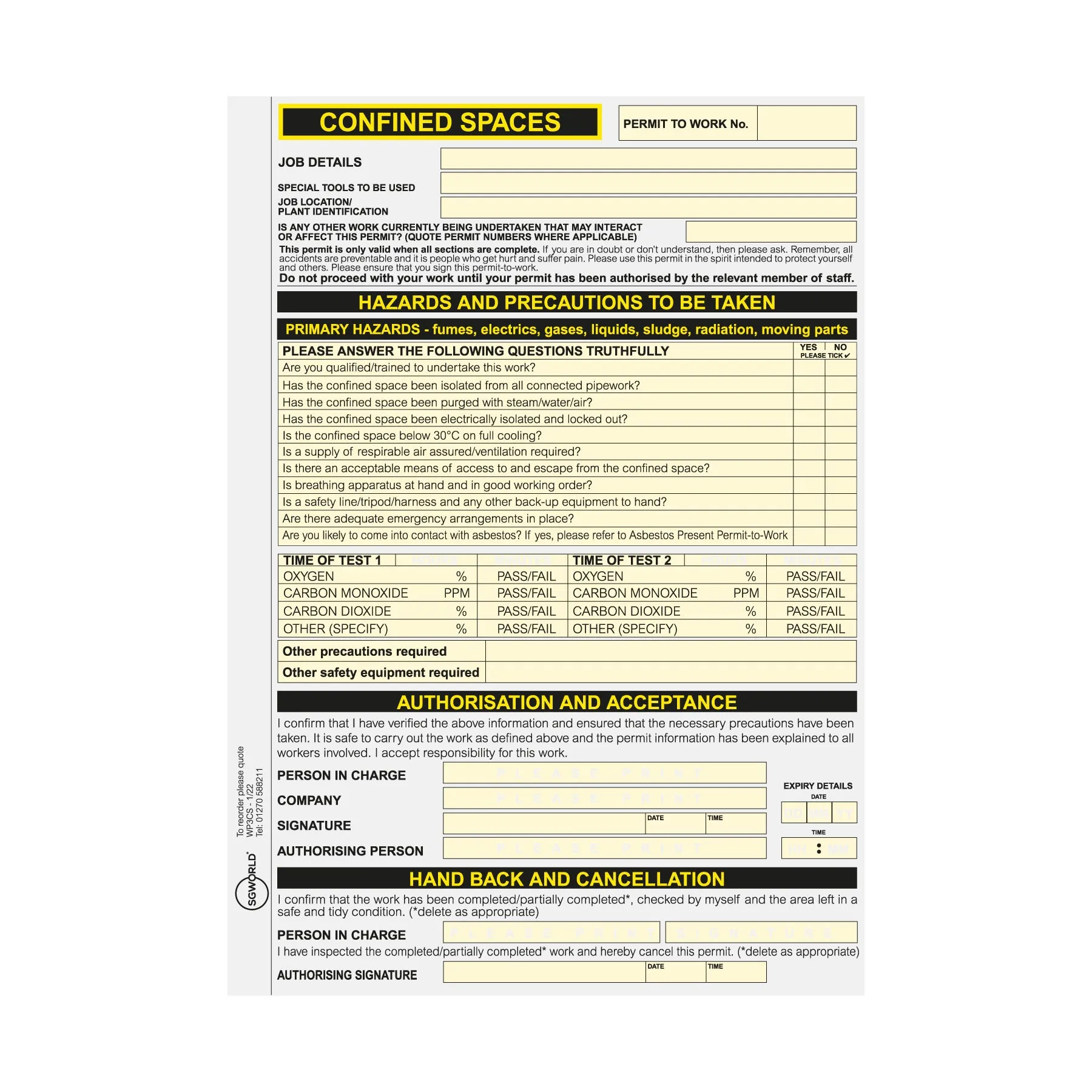 Confined Spaces Permit to Work (Packs of 5)