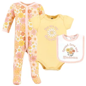 Hudson Baby Cotton Sleep and Play, Bodysuit and Bandana Bib Set, Peace Love Flowers