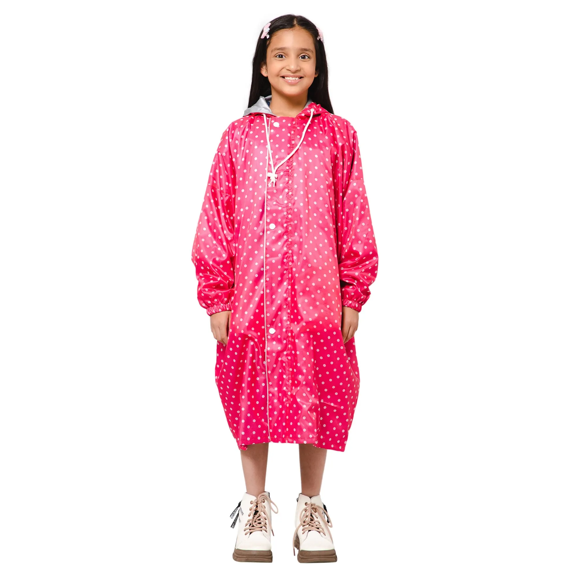 The Clownfish Drizzle Dot Series Kids Raincoat Waterproof Polyester Double Coating Reversible Longcoat with Hood and Reflector Logo at Back. Printed Plastic Pouch. Kid Age-11-12 years (Bubblegum Pink)