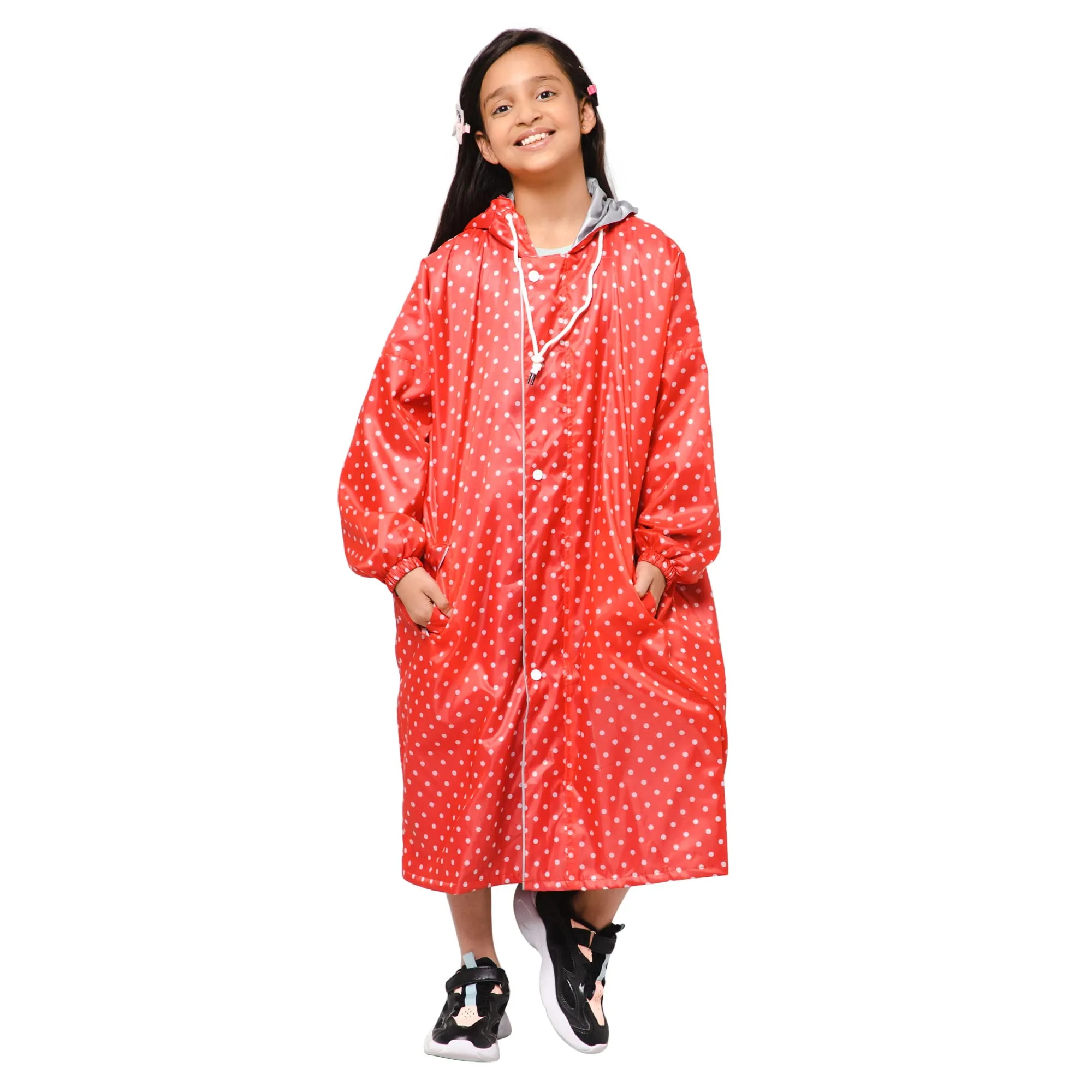 THE CLOWNFISH Drizzle Dot Series Kids Raincoat Waterproof Polyester Double Coating Reversible Longcoat with Hood and Reflector Logo at Back. Printed Plastic Pouch. Kid Age-9-10 years (Strawberry Red)