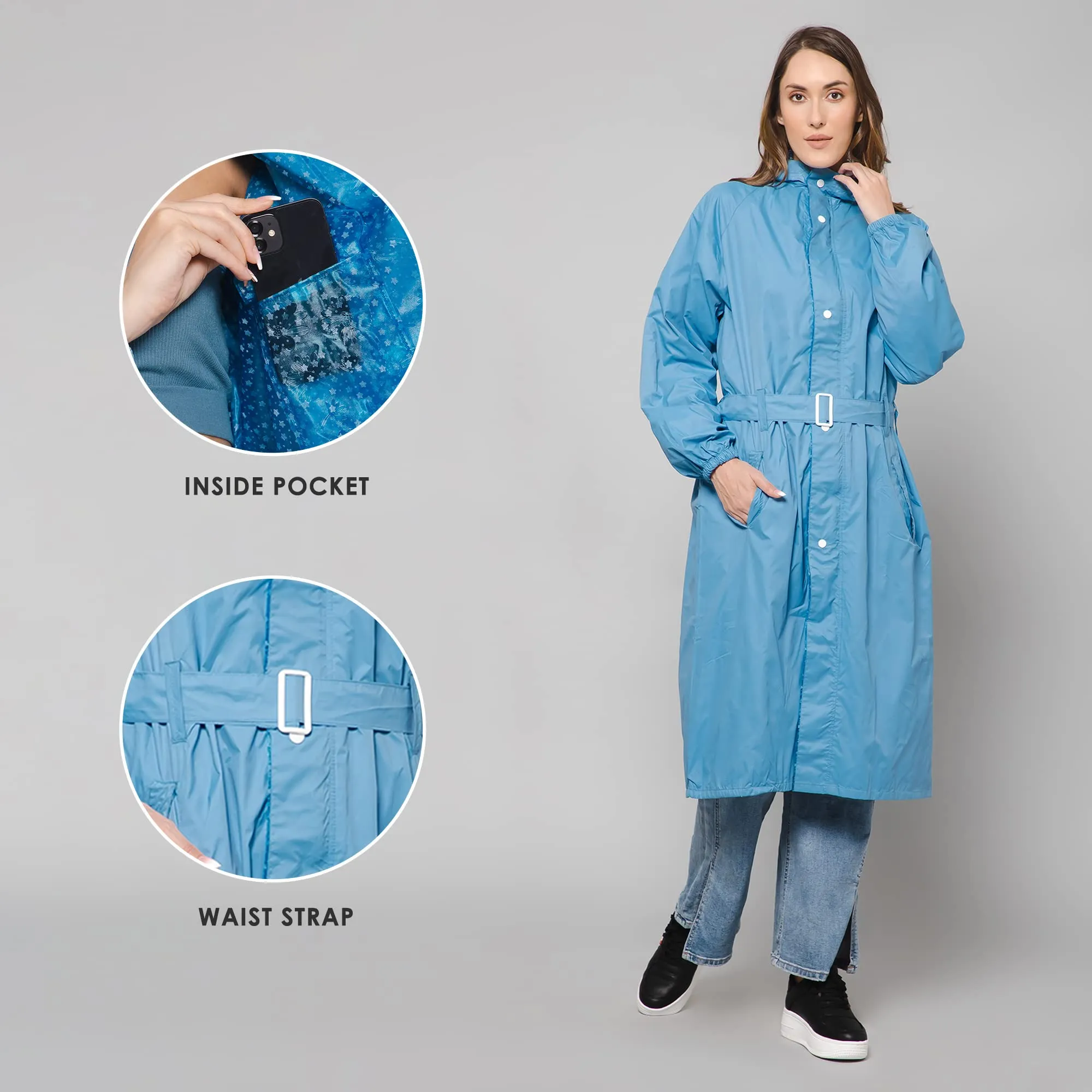 THE CLOWNFISH Polyester Raincoats For Women Rain Coat For Women Longcoat Raincoat For Ladies Waterproof Reversible Double Layer. Aquashield Series (Skyblue, Xx-Large)