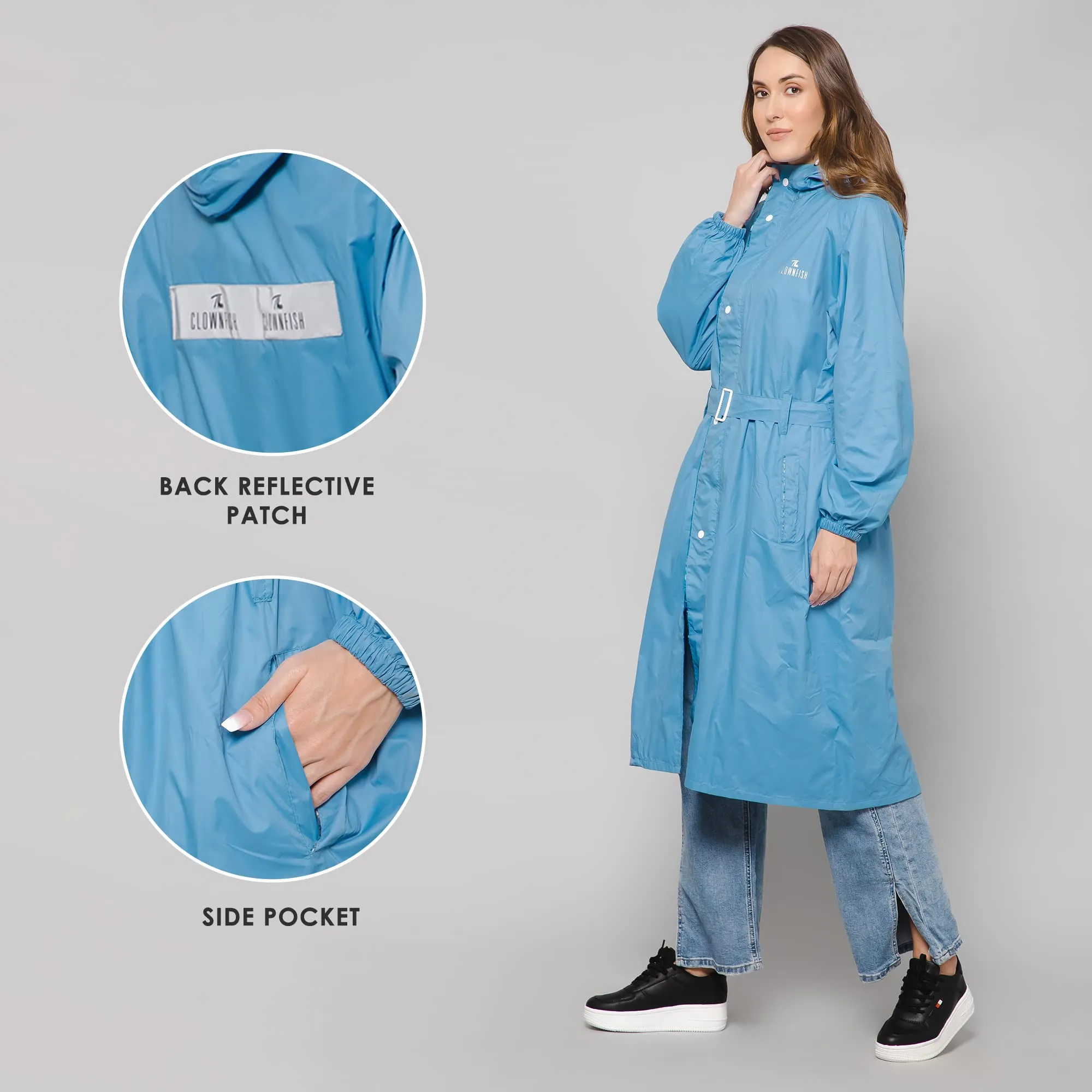 THE CLOWNFISH Polyester Raincoats For Women Rain Coat For Women Longcoat Raincoat For Ladies Waterproof Reversible Double Layer. Aquashield Series (Skyblue, Xx-Large)